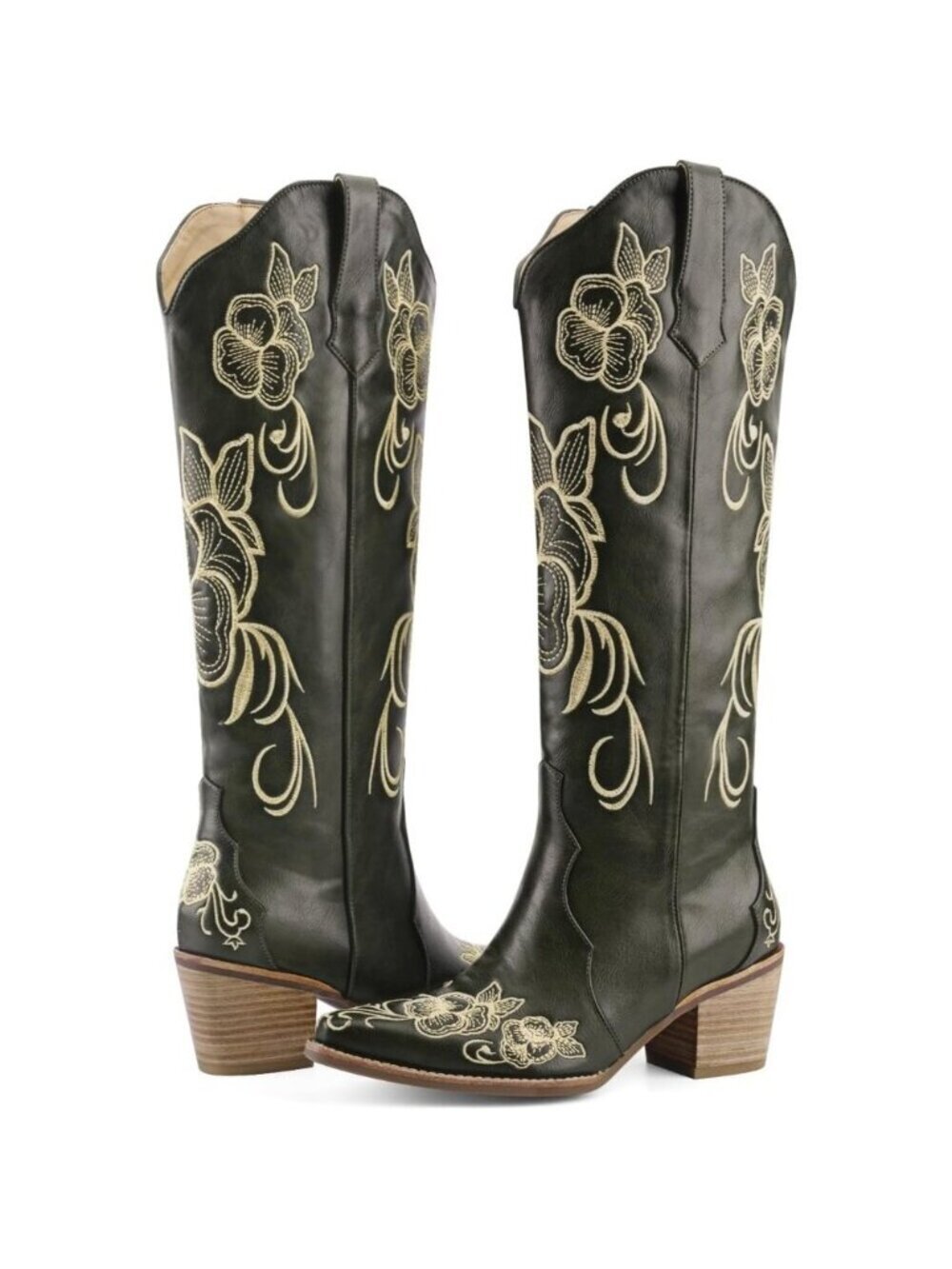〽️Women's Green Knee High Cowgirl Western Boots Pointed Toe Chunky Block Heel